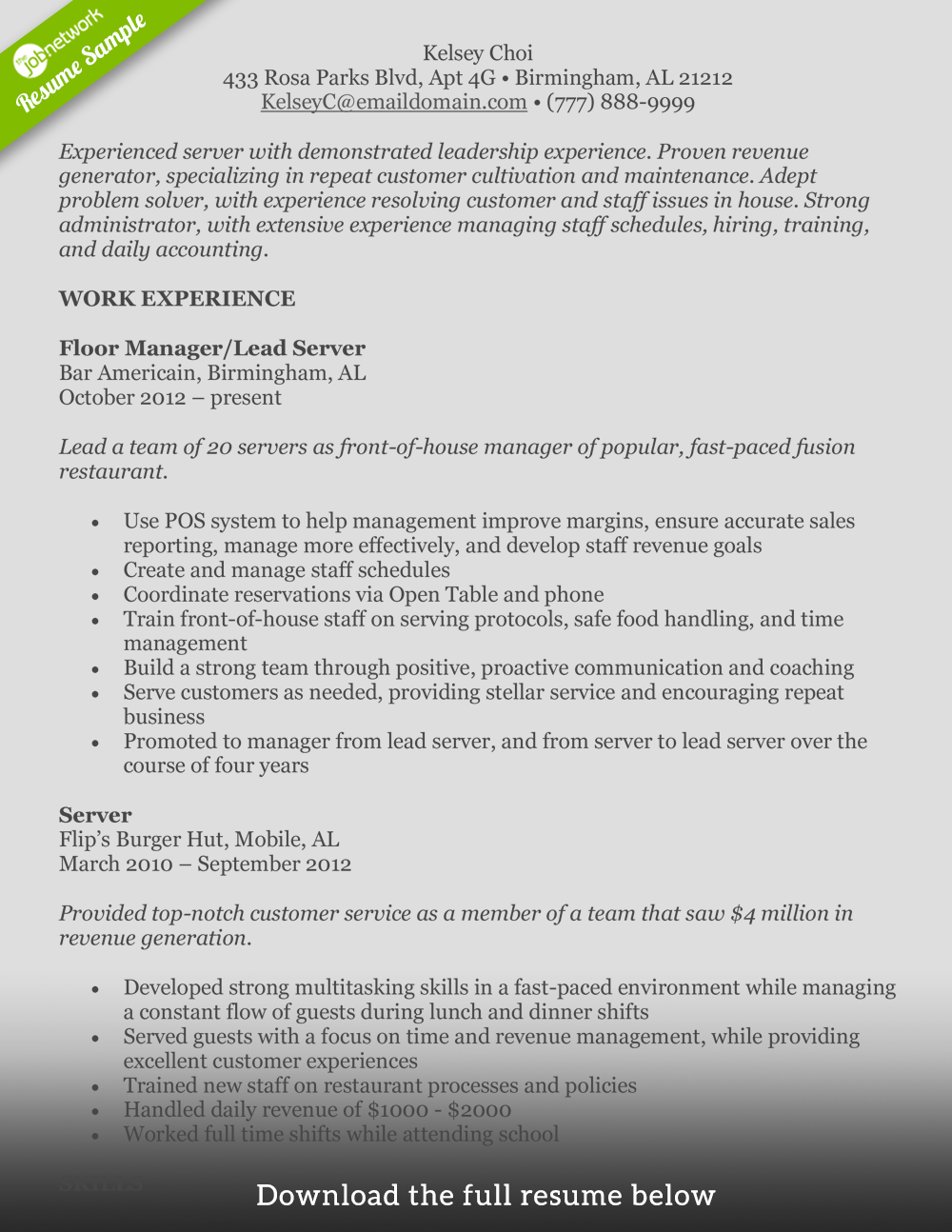 food-service-resume-experienced